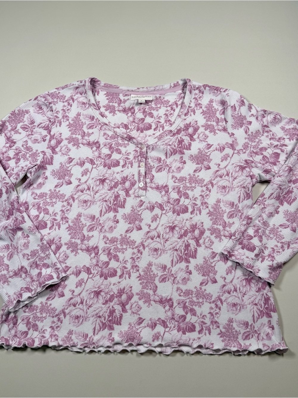 Laura Ashley Pink Floral Waffle Knit Henley Cottage Core Coquette Ruffle